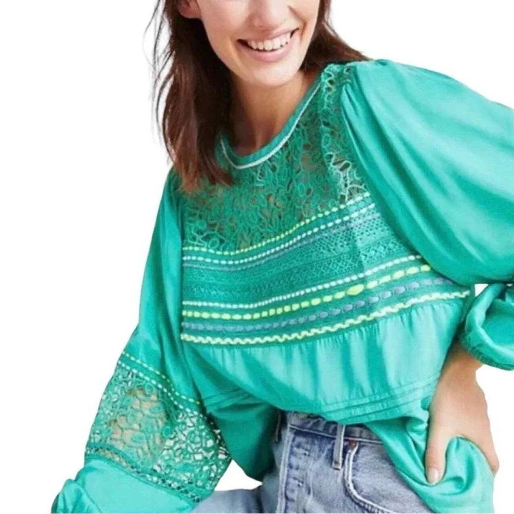 Anthro Blank London Boho Lace Yoke Peasant Blouse Emerald Green Embroidery